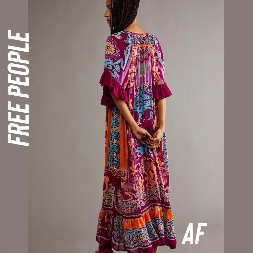 FREE PEOPLE BACK TO BARCELONA KAFTAN MAXI DRESS VIOLET COMBO NWT - Picture 2 of 6